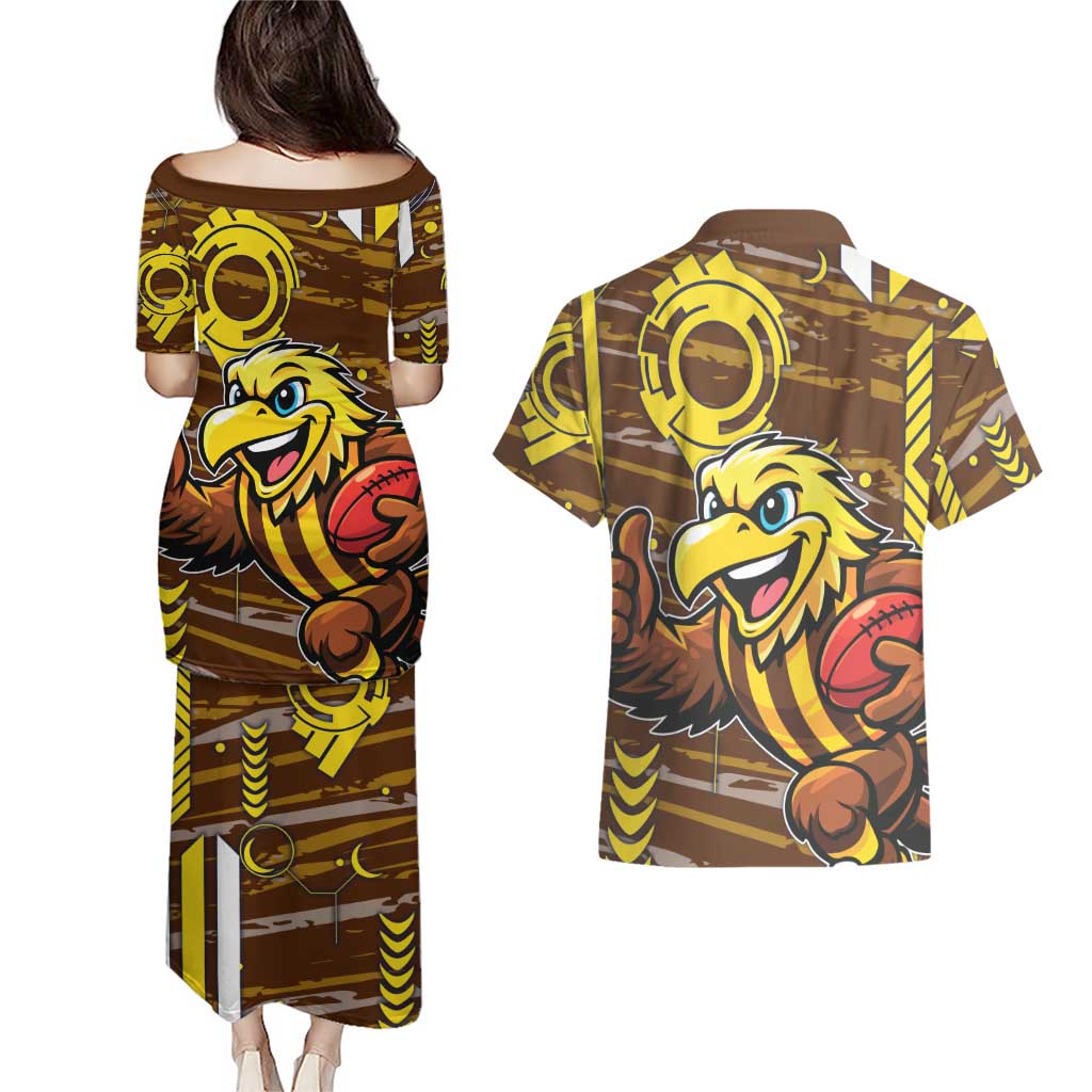 Hawthorn Hawks Couples Matching Puletasi and Hawaiian Shirt Mascot Cartoon Football Illustration Style