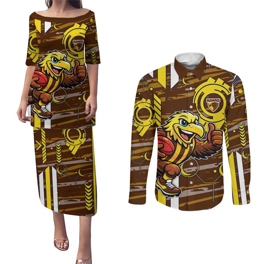 Hawthorn Hawks Couples Matching Puletasi and Long Sleeve Button Shirt Mascot Cartoon Football Illustration Style