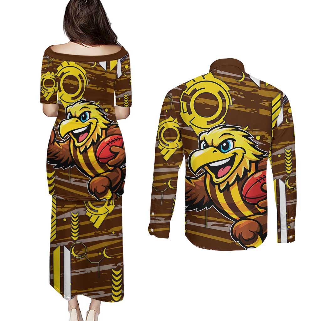 Hawthorn Hawks Couples Matching Puletasi and Long Sleeve Button Shirt Mascot Cartoon Football Illustration Style