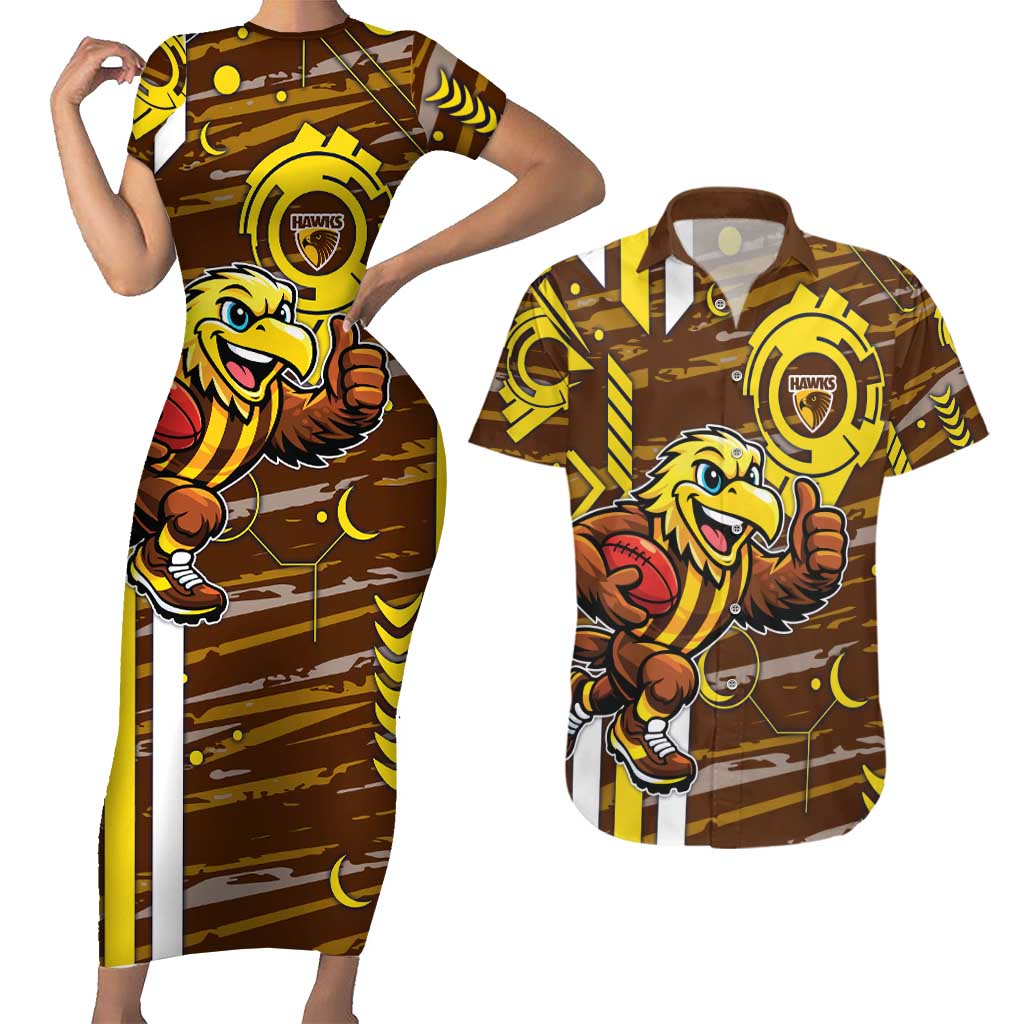 Hawthorn Hawks Couples Matching Short Sleeve Bodycon Dress and Hawaiian Shirt Mascot Cartoon Football Illustration Style