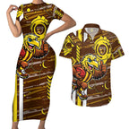 Hawthorn Hawks Couples Matching Short Sleeve Bodycon Dress and Hawaiian Shirt Mascot Cartoon Football Illustration Style