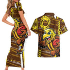 Hawthorn Hawks Couples Matching Short Sleeve Bodycon Dress and Hawaiian Shirt Mascot Cartoon Football Illustration Style
