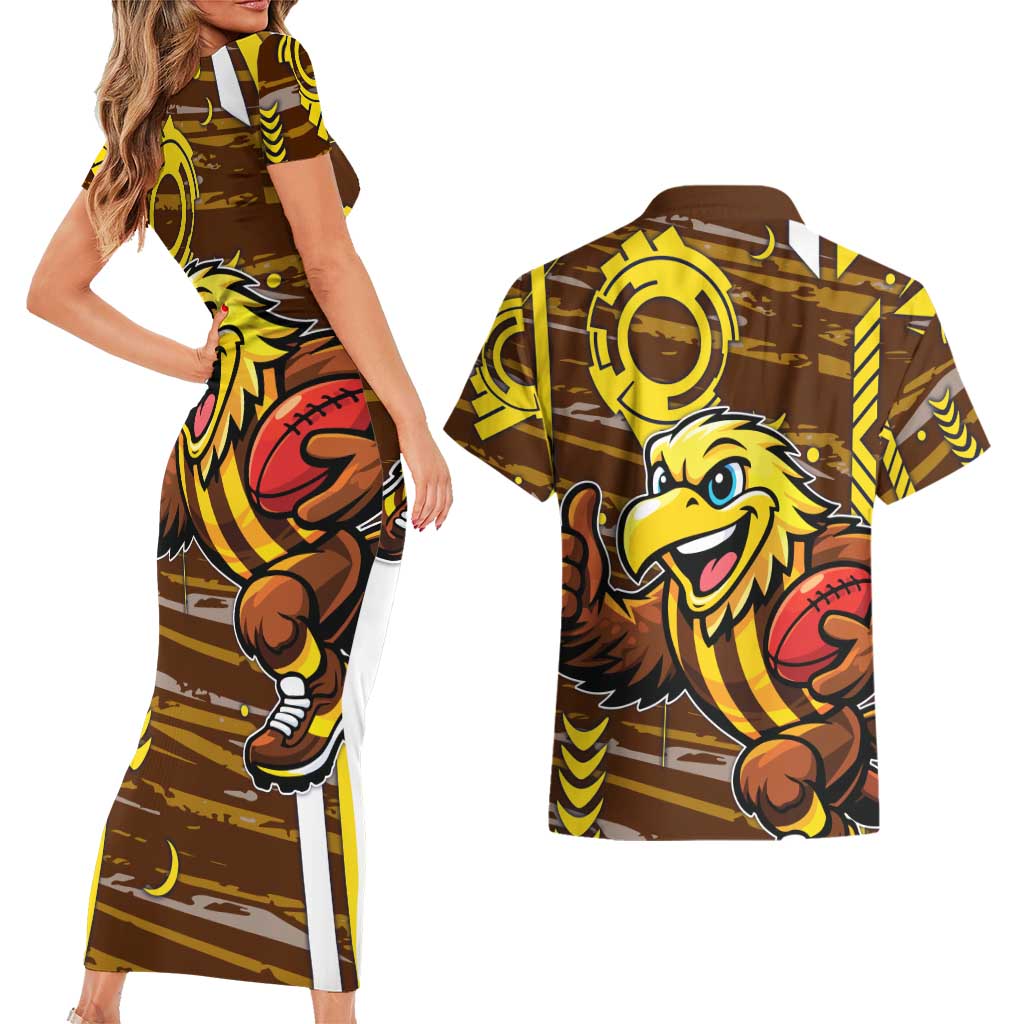 Hawthorn Hawks Couples Matching Short Sleeve Bodycon Dress and Hawaiian Shirt Mascot Cartoon Football Illustration Style