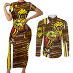 Hawthorn Hawks Couples Matching Short Sleeve Bodycon Dress and Long Sleeve Button Shirt Mascot Cartoon Football Illustration Style