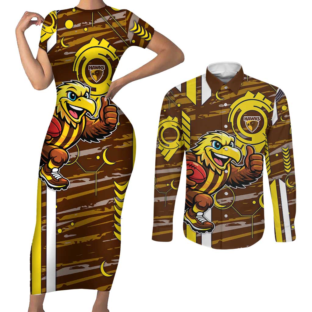 Hawthorn Hawks Couples Matching Short Sleeve Bodycon Dress and Long Sleeve Button Shirt Mascot Cartoon Football Illustration Style