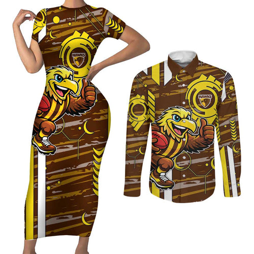 Hawthorn Hawks Couples Matching Short Sleeve Bodycon Dress and Long Sleeve Button Shirt Mascot Cartoon Football Illustration Style