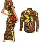 Hawthorn Hawks Couples Matching Short Sleeve Bodycon Dress and Long Sleeve Button Shirt Mascot Cartoon Football Illustration Style