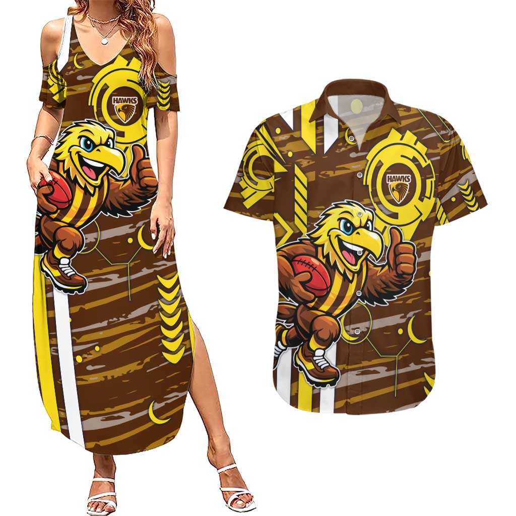 Hawthorn Hawks Couples Matching Summer Maxi Dress and Hawaiian Shirt Mascot Cartoon Football Illustration Style
