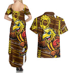 Hawthorn Hawks Couples Matching Summer Maxi Dress and Hawaiian Shirt Mascot Cartoon Football Illustration Style
