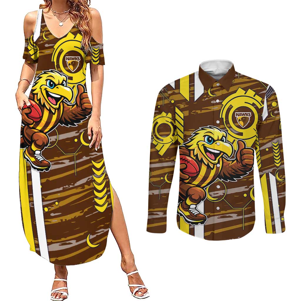 Hawthorn Hawks Couples Matching Summer Maxi Dress and Long Sleeve Button Shirt Mascot Cartoon Football Illustration Style
