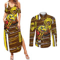 Hawthorn Hawks Couples Matching Summer Maxi Dress and Long Sleeve Button Shirt Mascot Cartoon Football Illustration Style
