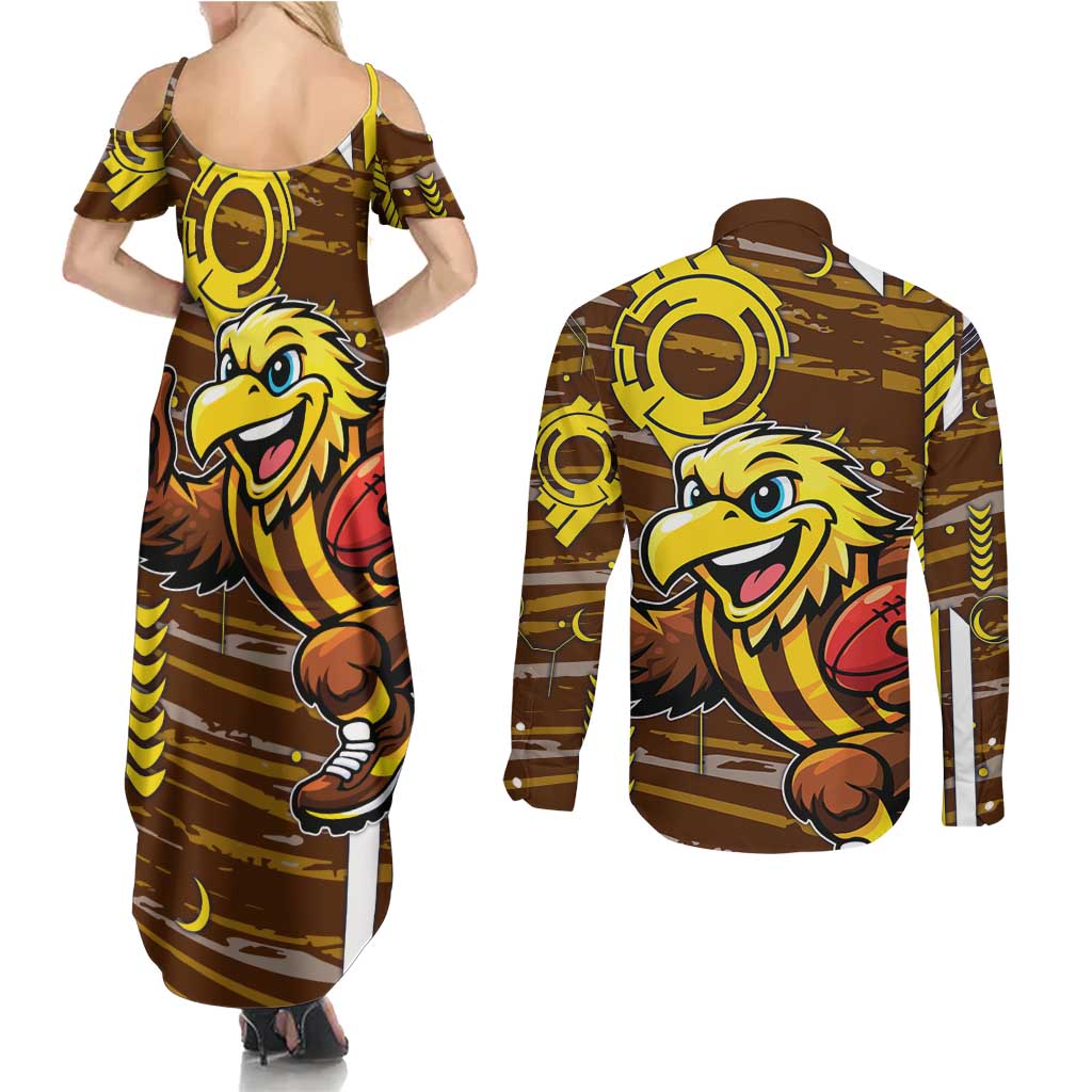 Hawthorn Hawks Couples Matching Summer Maxi Dress and Long Sleeve Button Shirt Mascot Cartoon Football Illustration Style