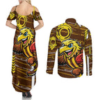 Hawthorn Hawks Couples Matching Summer Maxi Dress and Long Sleeve Button Shirt Mascot Cartoon Football Illustration Style