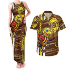 Hawthorn Hawks Couples Matching Tank Maxi Dress and Hawaiian Shirt Mascot Cartoon Football Illustration Style