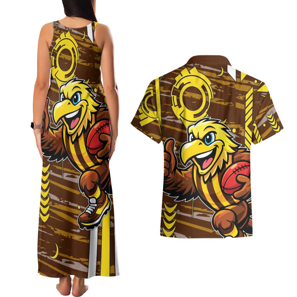 Hawthorn Hawks Couples Matching Tank Maxi Dress and Hawaiian Shirt Mascot Cartoon Football Illustration Style