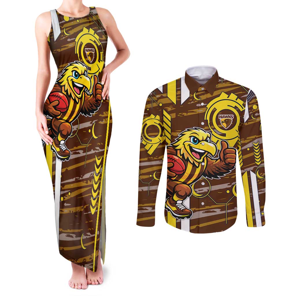 Hawthorn Hawks Couples Matching Tank Maxi Dress and Long Sleeve Button Shirt Mascot Cartoon Football Illustration Style