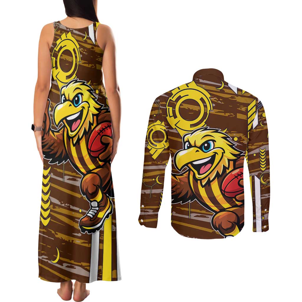 Hawthorn Hawks Couples Matching Tank Maxi Dress and Long Sleeve Button Shirt Mascot Cartoon Football Illustration Style