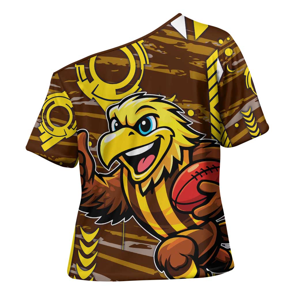 Hawthorn Hawks Cross Shoulder Shirt Mascot Cartoon Football Illustration Style