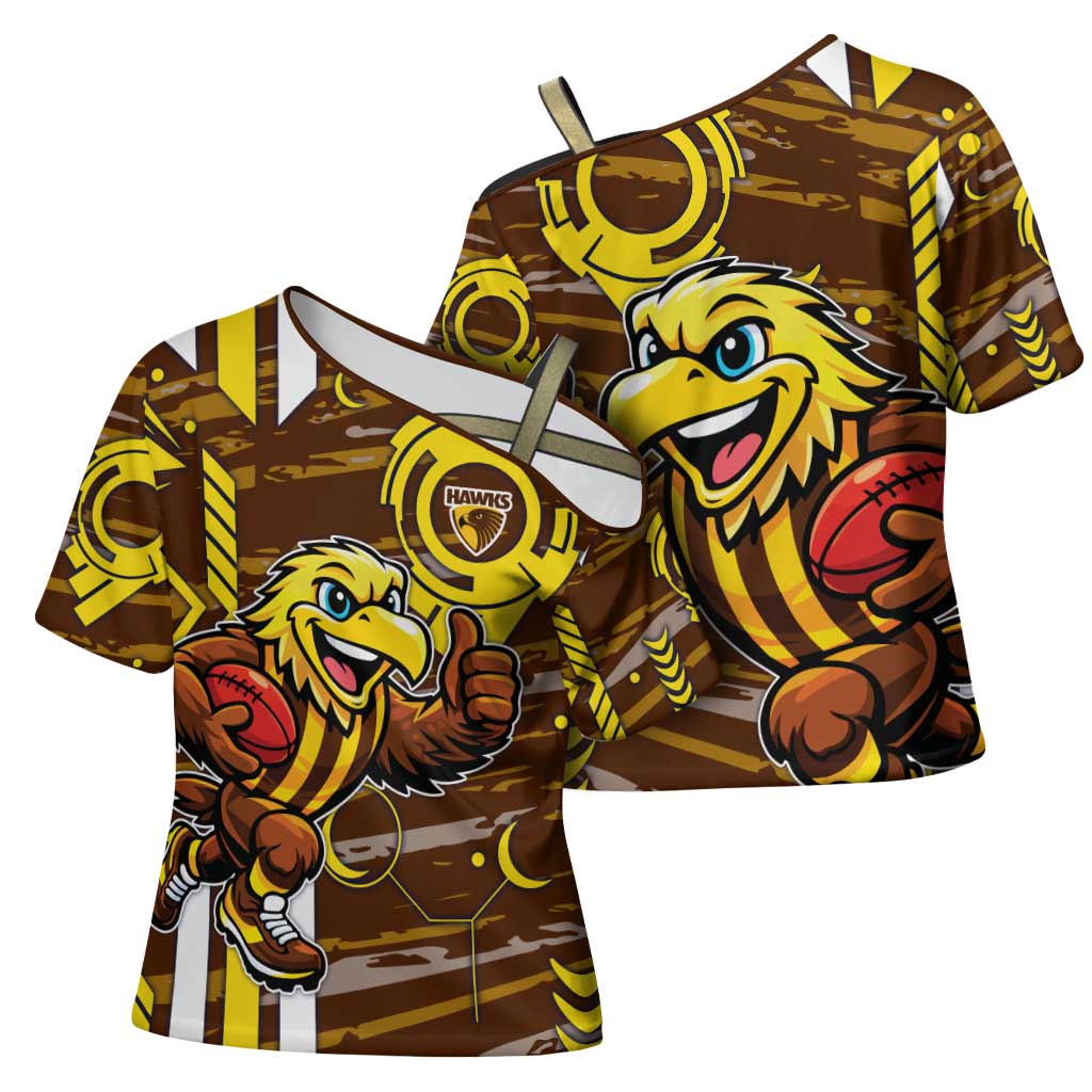 Hawthorn Hawks Cross Shoulder Shirt Mascot Cartoon Football Illustration Style