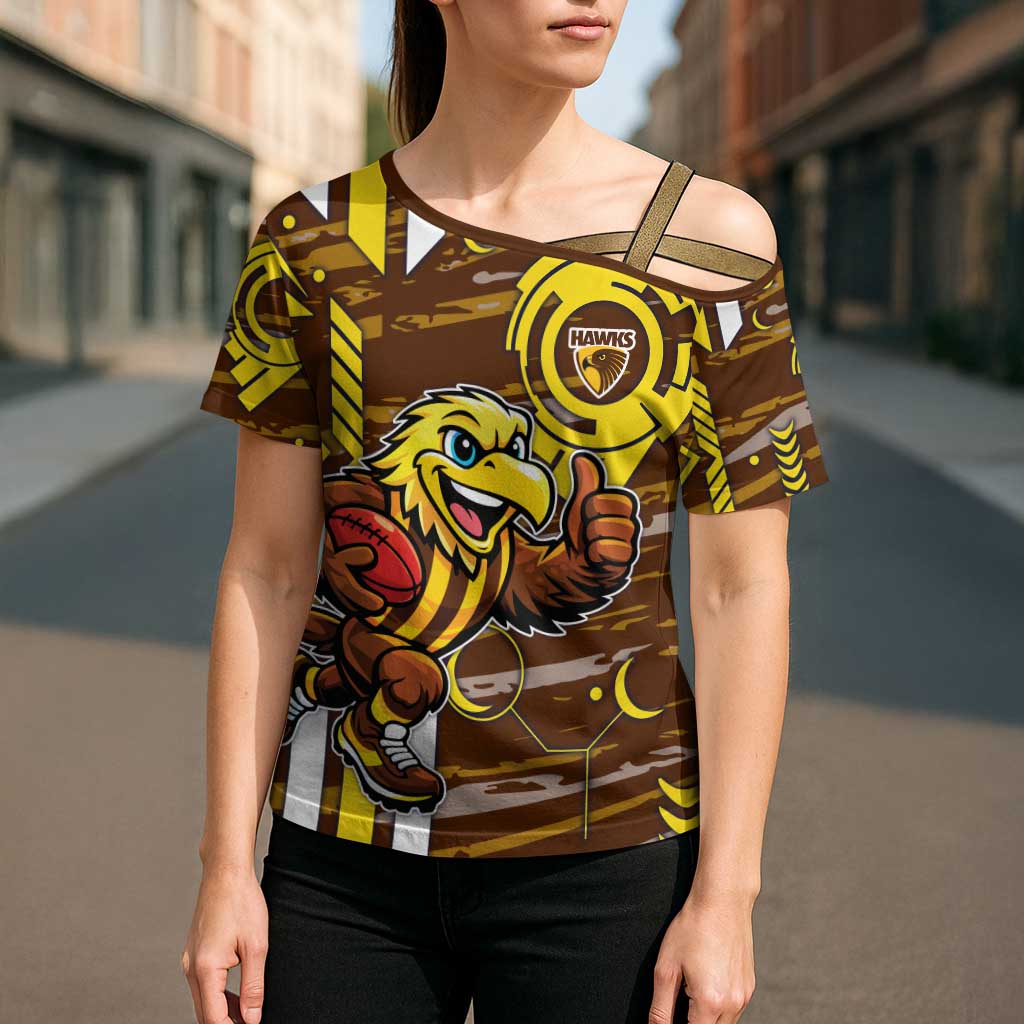 Hawthorn Hawks Cross Shoulder Shirt Mascot Cartoon Football Illustration Style