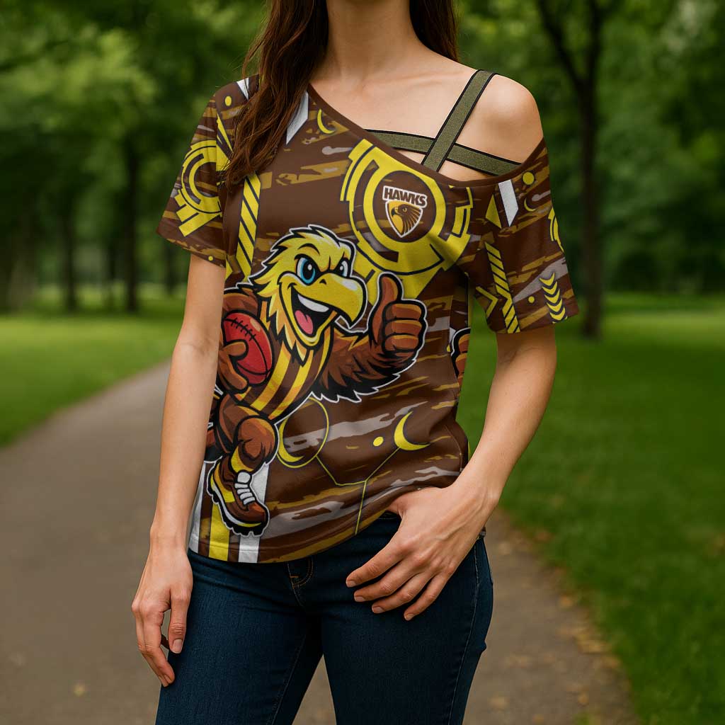 Hawthorn Hawks Cross Shoulder Shirt Mascot Cartoon Football Illustration Style