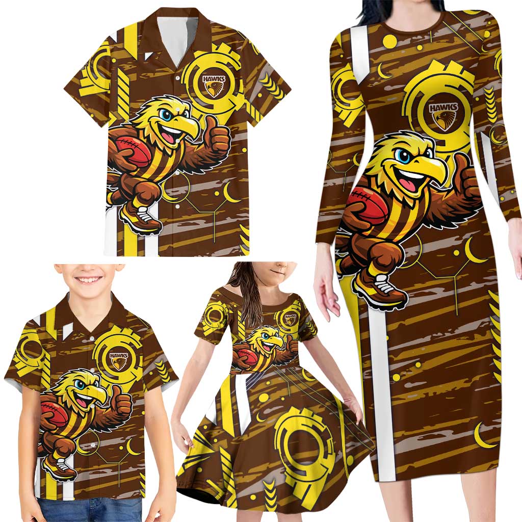 Hawthorn Hawks Family Matching Long Sleeve Bodycon Dress and Hawaiian Shirt Mascot Cartoon Football Illustration Style