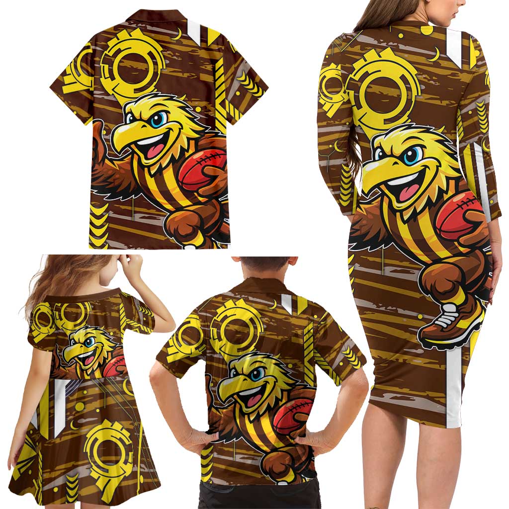 Hawthorn Hawks Family Matching Long Sleeve Bodycon Dress and Hawaiian Shirt Mascot Cartoon Football Illustration Style