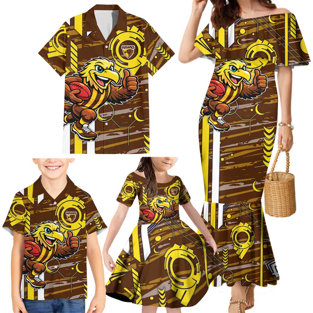 Hawthorn Hawks Family Matching Mermaid Dress and Hawaiian Shirt Mascot Cartoon Football Illustration Style