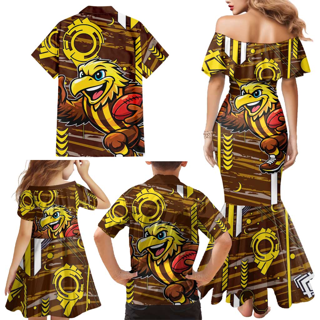 Hawthorn Hawks Family Matching Mermaid Dress and Hawaiian Shirt Mascot Cartoon Football Illustration Style