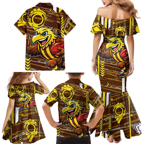 Hawthorn Hawks Family Matching Mermaid Dress and Hawaiian Shirt Mascot Cartoon Football Illustration Style