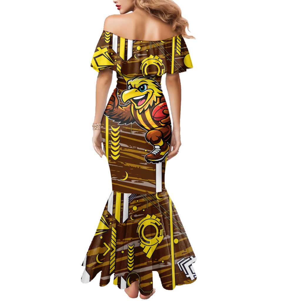 Hawthorn Hawks Family Matching Mermaid Dress and Hawaiian Shirt Mascot Cartoon Football Illustration Style