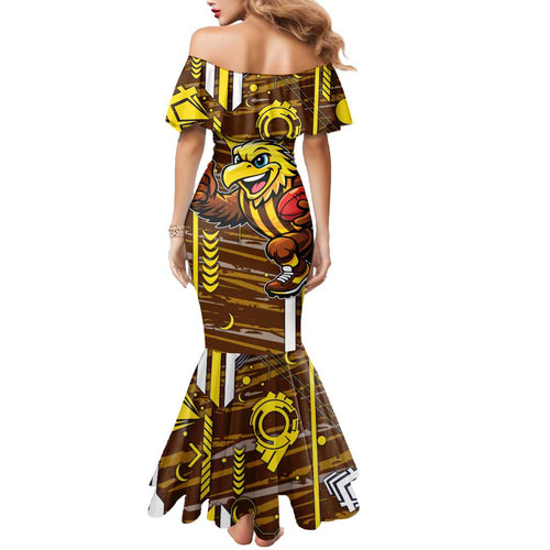 Hawthorn Hawks Family Matching Mermaid Dress and Hawaiian Shirt Mascot Cartoon Football Illustration Style
