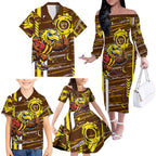 Hawthorn Hawks Family Matching Off The Shoulder Long Sleeve Dress and Hawaiian Shirt Mascot Cartoon Football Illustration Style