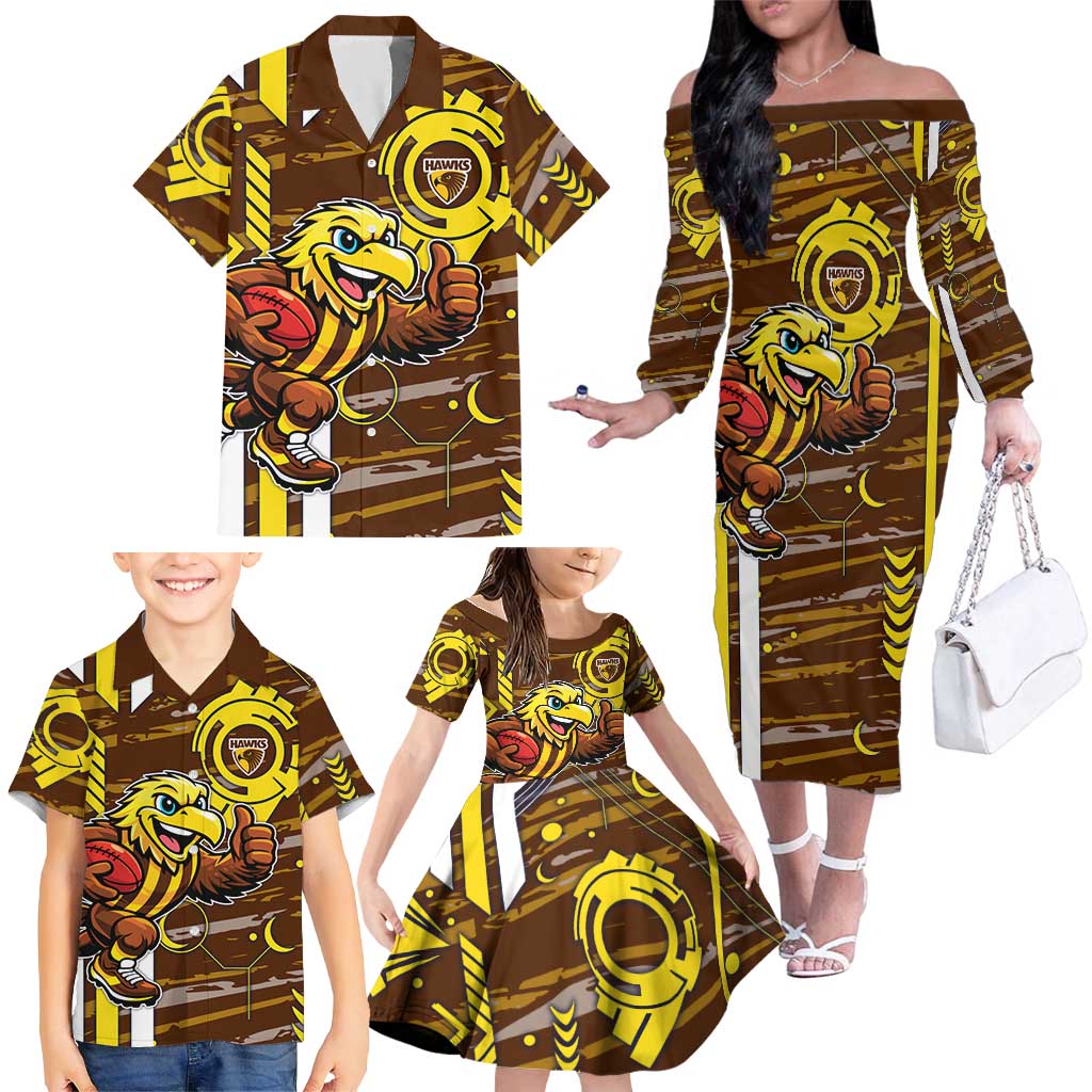 Hawthorn Hawks Family Matching Off The Shoulder Long Sleeve Dress and Hawaiian Shirt Mascot Cartoon Football Illustration Style