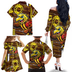Hawthorn Hawks Family Matching Off The Shoulder Long Sleeve Dress and Hawaiian Shirt Mascot Cartoon Football Illustration Style