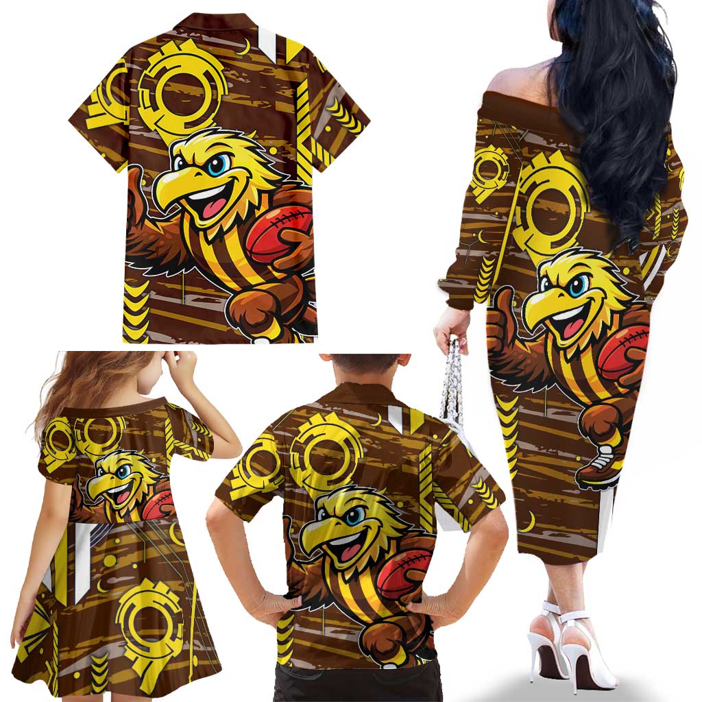 Hawthorn Hawks Family Matching Off The Shoulder Long Sleeve Dress and Hawaiian Shirt Mascot Cartoon Football Illustration Style