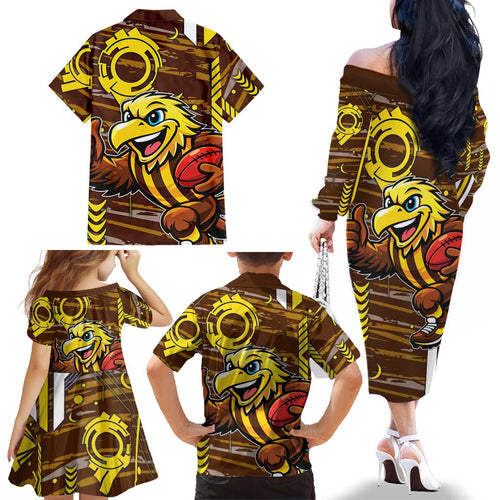 Hawthorn Hawks Family Matching Off The Shoulder Long Sleeve Dress and Hawaiian Shirt Mascot Cartoon Football Illustration Style