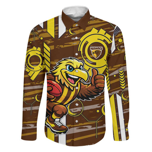 Hawthorn Hawks Family Matching Off The Shoulder Long Sleeve Dress and Hawaiian Shirt Mascot Cartoon Football Illustration Style