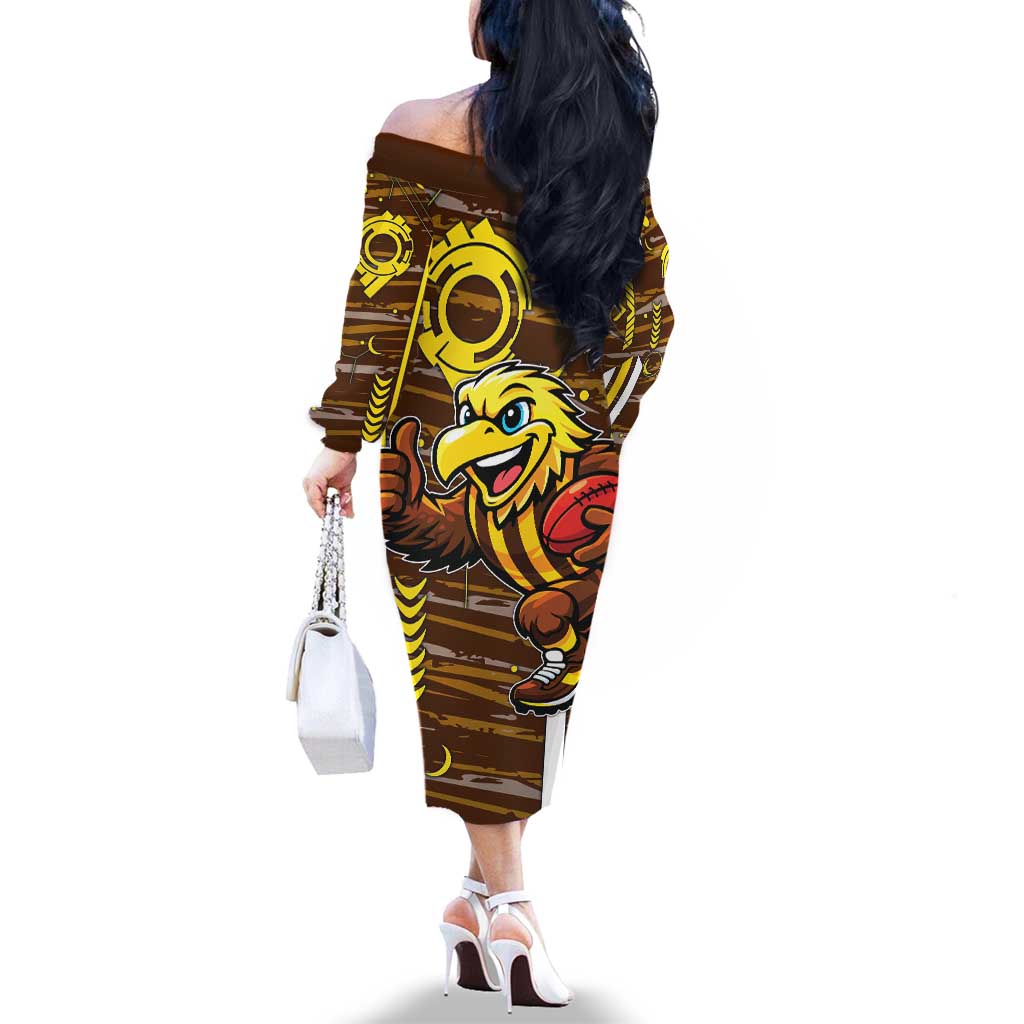 Hawthorn Hawks Family Matching Off The Shoulder Long Sleeve Dress and Hawaiian Shirt Mascot Cartoon Football Illustration Style