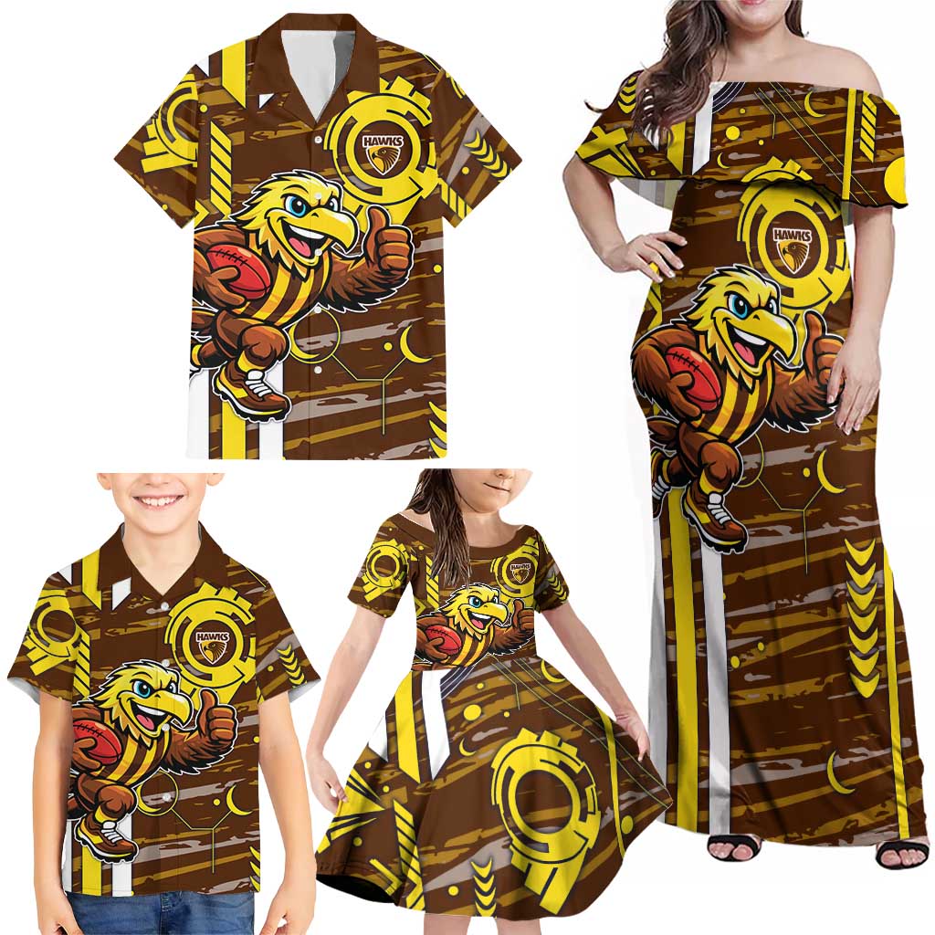 Hawthorn Hawks Family Matching Off Shoulder Maxi Dress and Hawaiian Shirt Mascot Cartoon Football Illustration Style