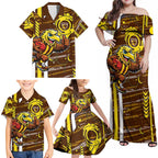 Hawthorn Hawks Family Matching Off Shoulder Maxi Dress and Hawaiian Shirt Mascot Cartoon Football Illustration Style