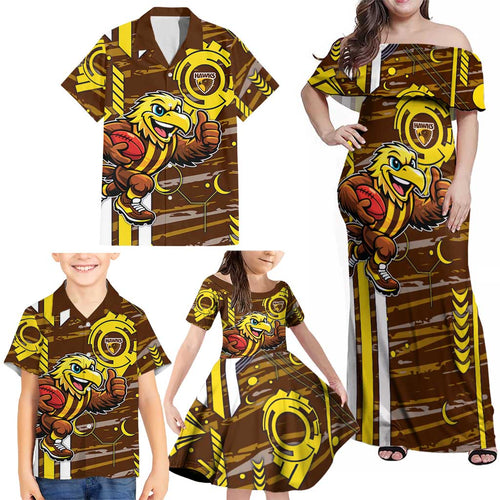 Hawthorn Hawks Family Matching Off Shoulder Maxi Dress and Hawaiian Shirt Mascot Cartoon Football Illustration Style