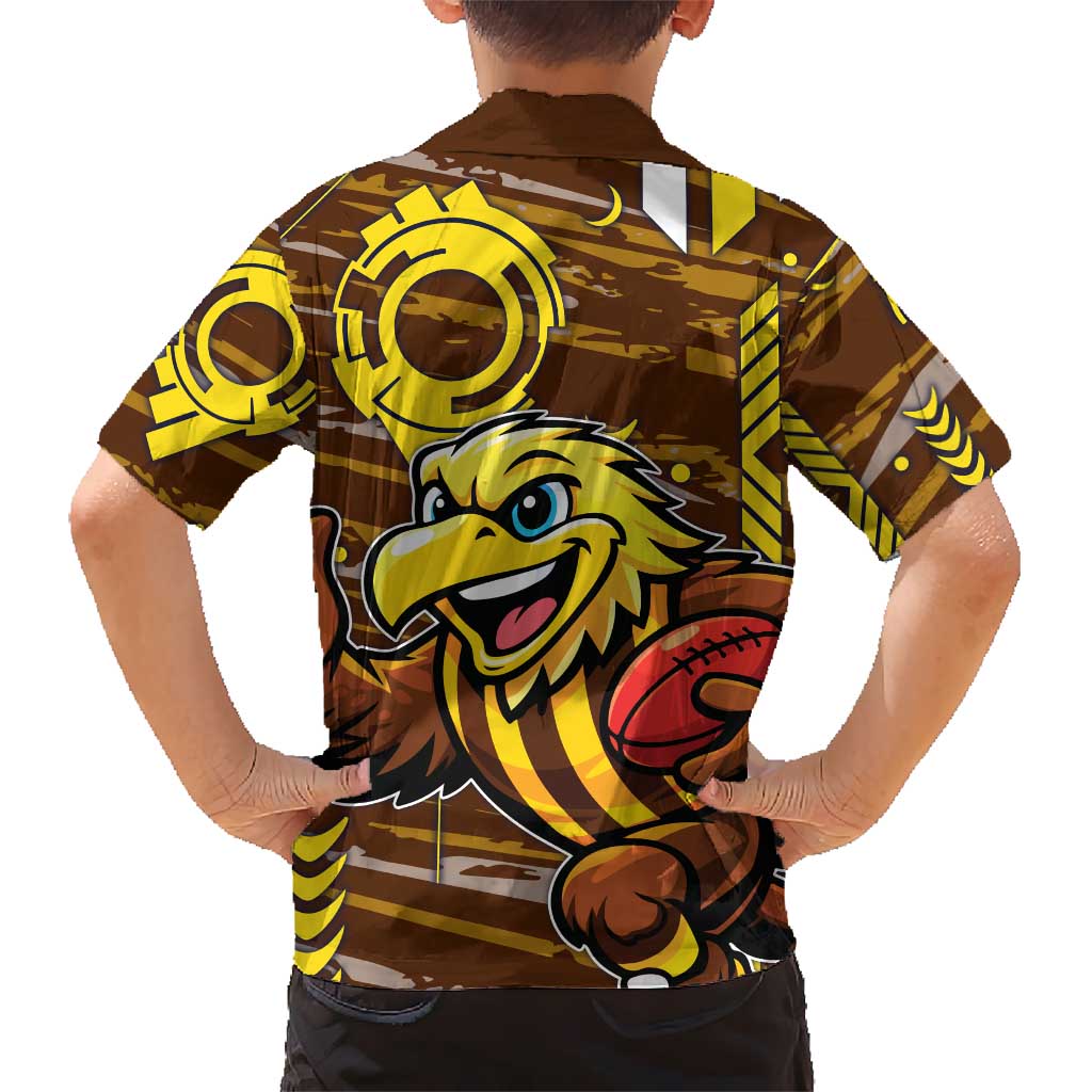 Hawthorn Hawks Family Matching Off Shoulder Maxi Dress and Hawaiian Shirt Mascot Cartoon Football Illustration Style