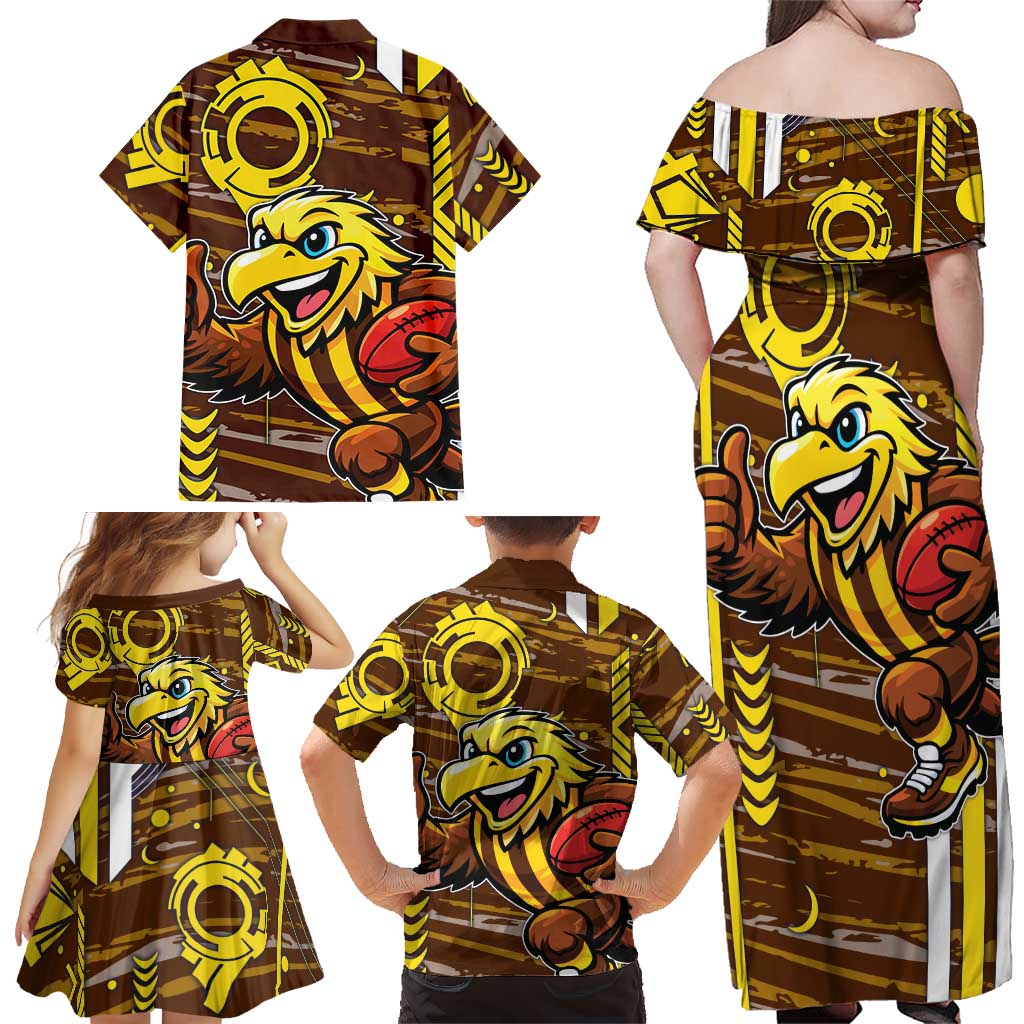 Hawthorn Hawks Family Matching Off Shoulder Maxi Dress and Hawaiian Shirt Mascot Cartoon Football Illustration Style