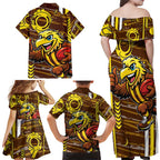 Hawthorn Hawks Family Matching Off Shoulder Maxi Dress and Hawaiian Shirt Mascot Cartoon Football Illustration Style