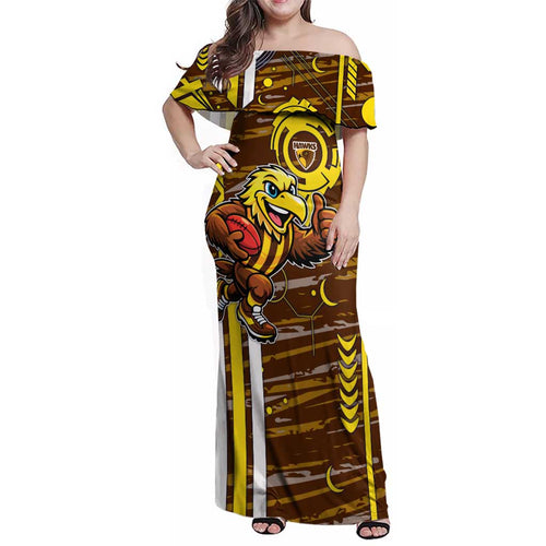 Hawthorn Hawks Family Matching Off Shoulder Maxi Dress and Hawaiian Shirt Mascot Cartoon Football Illustration Style