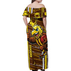 Hawthorn Hawks Family Matching Off Shoulder Maxi Dress and Hawaiian Shirt Mascot Cartoon Football Illustration Style