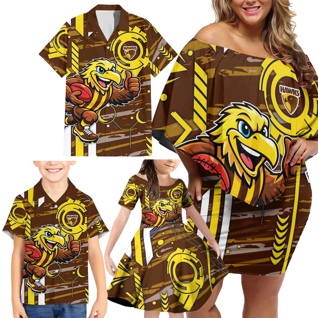 Hawthorn Hawks Family Matching Off Shoulder Short Dress and Hawaiian Shirt Mascot Cartoon Football Illustration Style