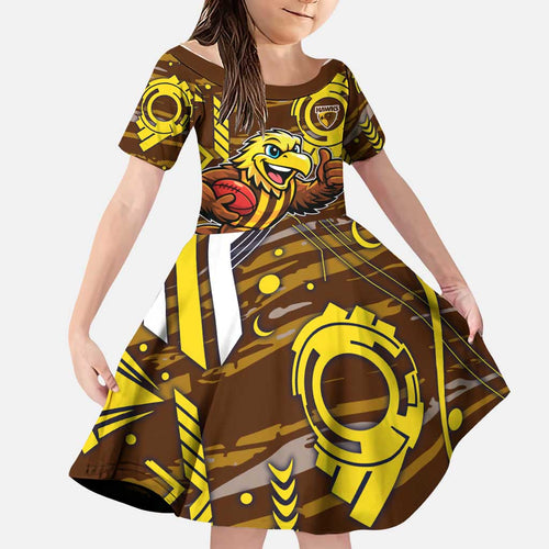 Hawthorn Hawks Family Matching Off Shoulder Short Dress and Hawaiian Shirt Mascot Cartoon Football Illustration Style