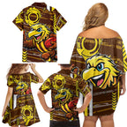 Hawthorn Hawks Family Matching Off Shoulder Short Dress and Hawaiian Shirt Mascot Cartoon Football Illustration Style